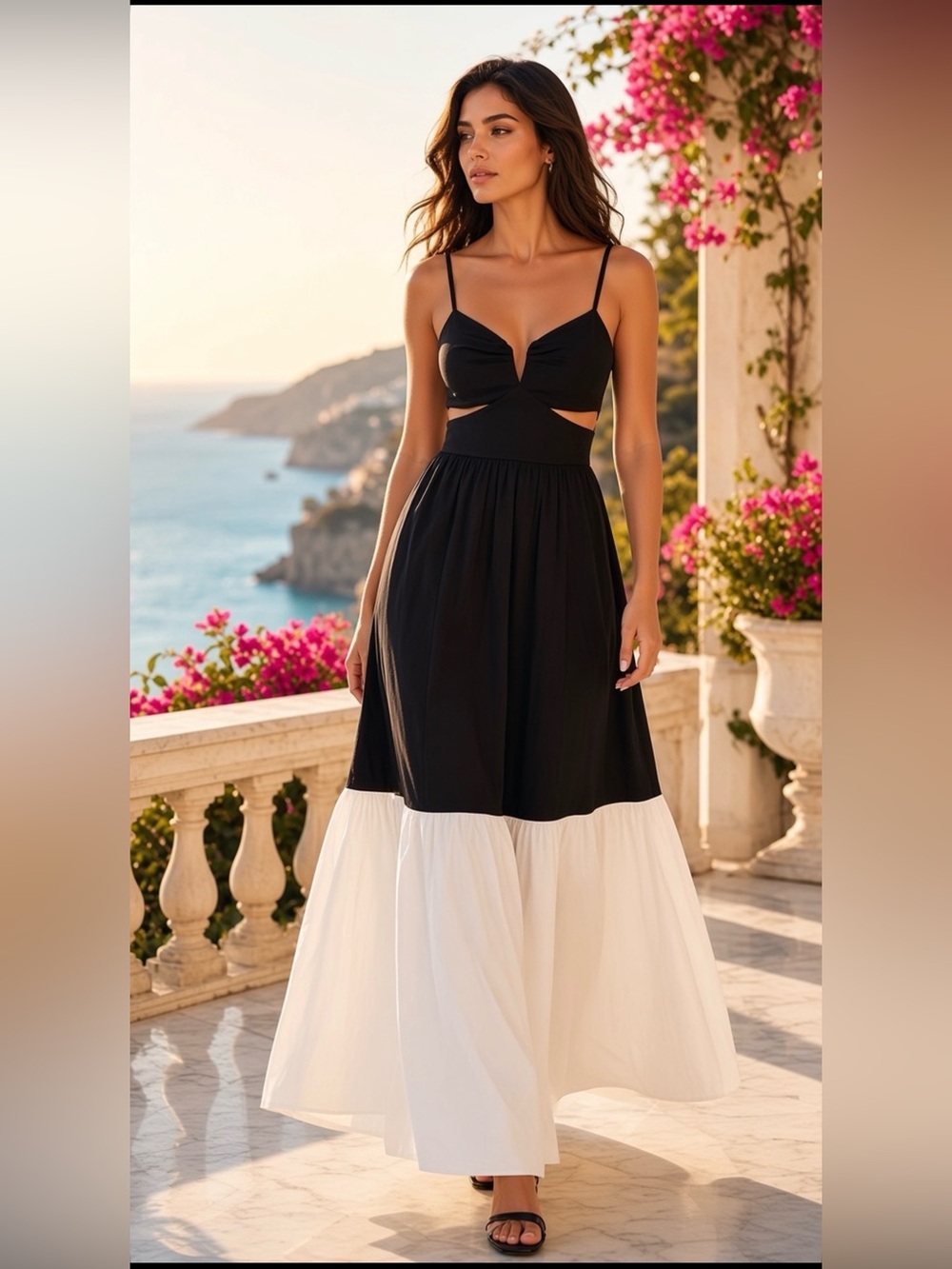 Black & White Maxi Dress with Cutout Detail, pockets and zipped back